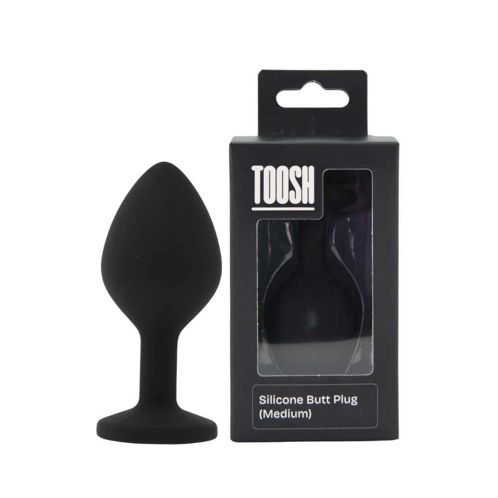 Toosh Black Silicone Butt Plug Medium, Black silicone butt plug with tapered tip, flared base and decorative jewel