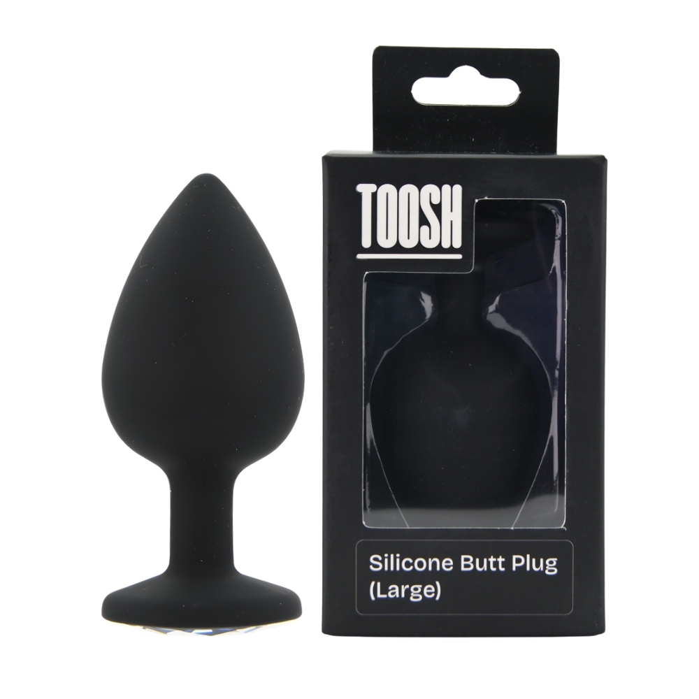 Toosh Black Silicone Butt Plug Large, Black tapered silicone butt plug with a decorative jewelled base and smooth finish