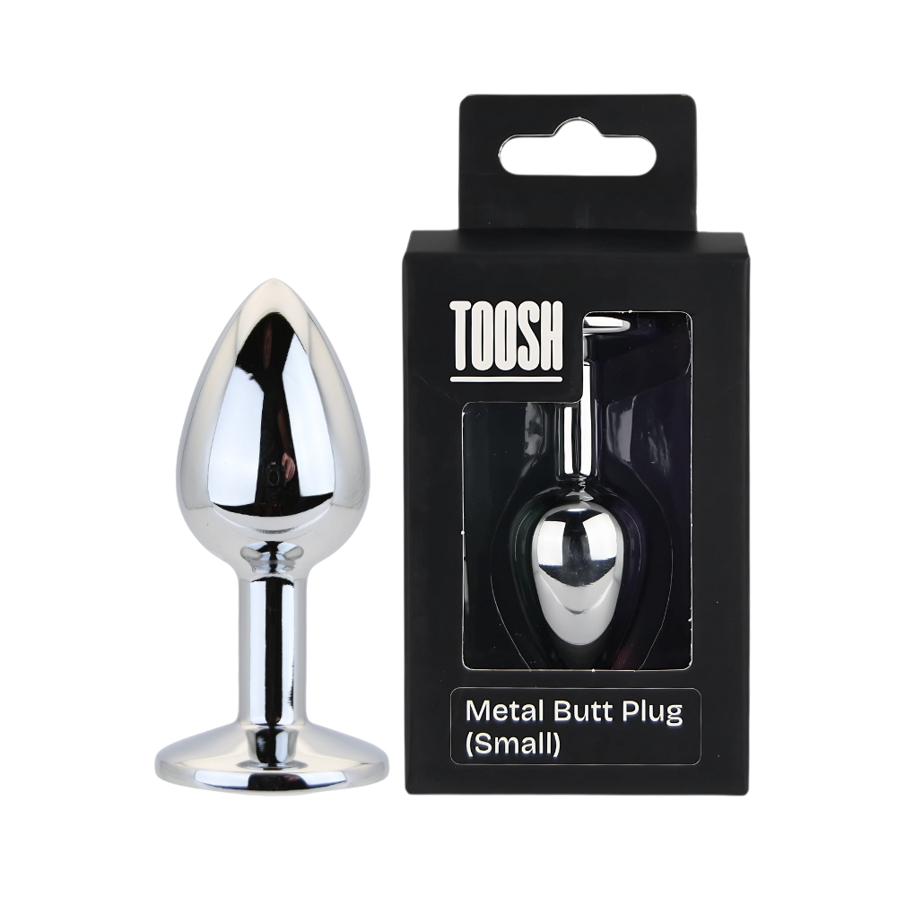 Toosh Silver Metal Butt Plug Small Clear Stone, Small silver metal butt plug with tapered body and clear jewelled base