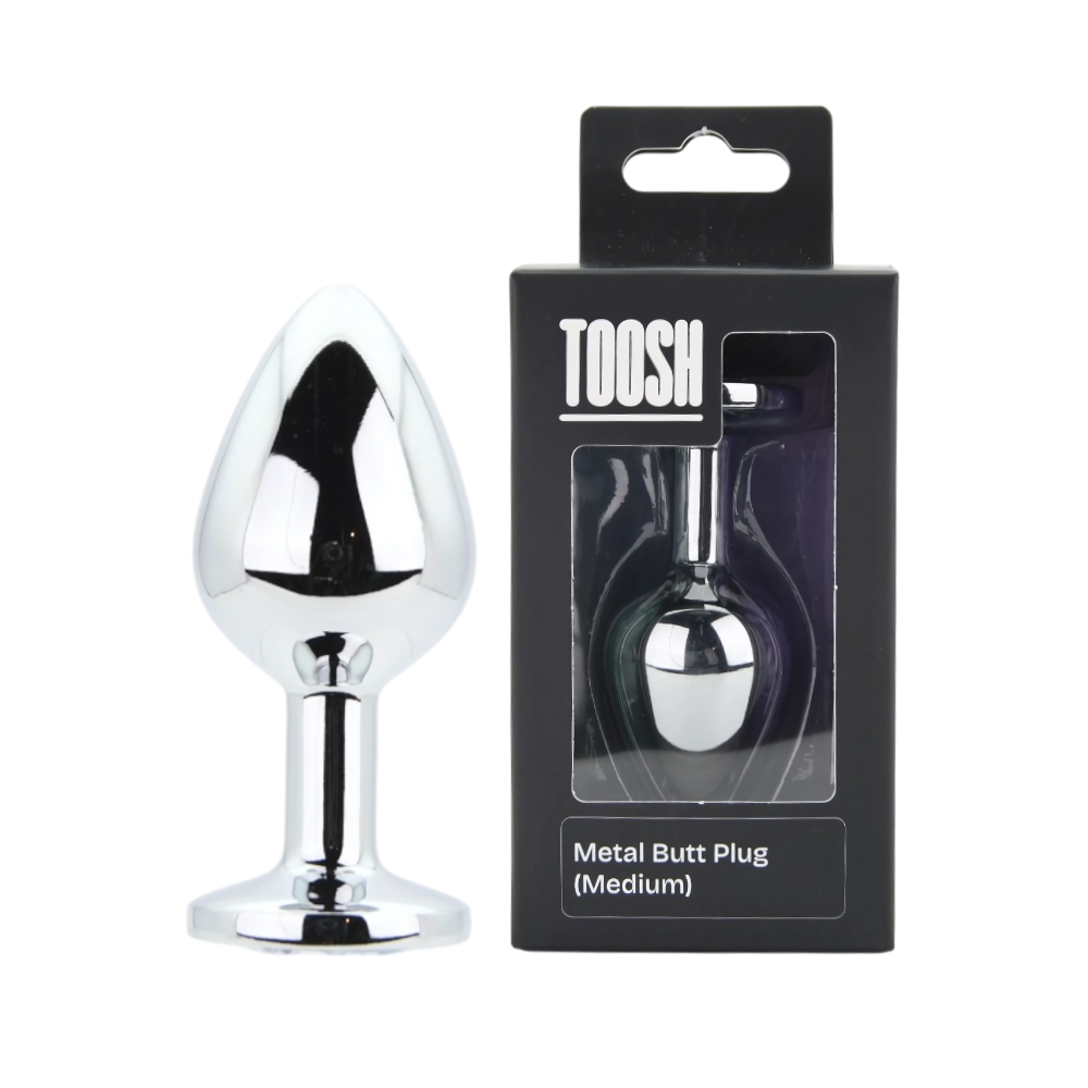 Toosh Silver Metal Butt Plug Medium Clear Stone, Polished silver metal butt plug with tapered tip and clear jewelled base