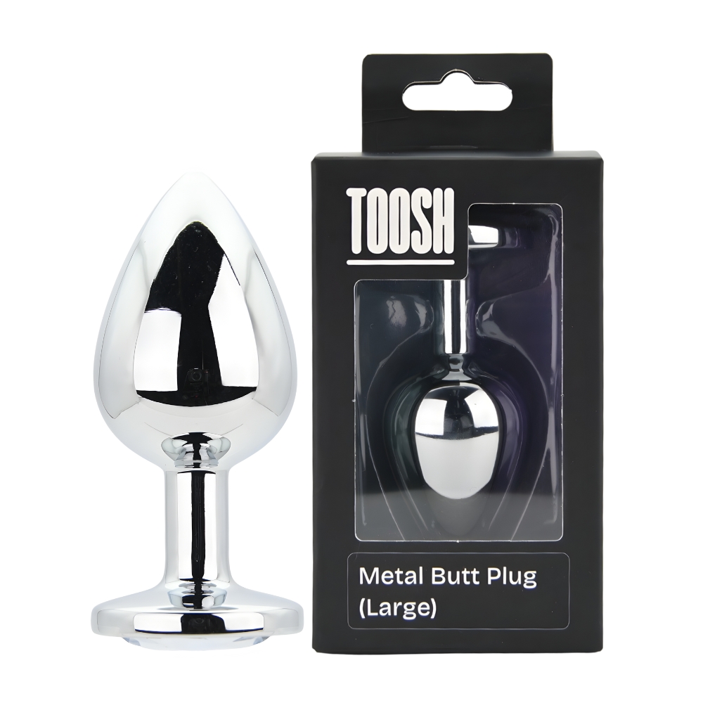 Toosh Silver Metal Butt Plug Large Clear Stone, Polished silver metal butt plug with tapered tip and round clear jewelled ba…