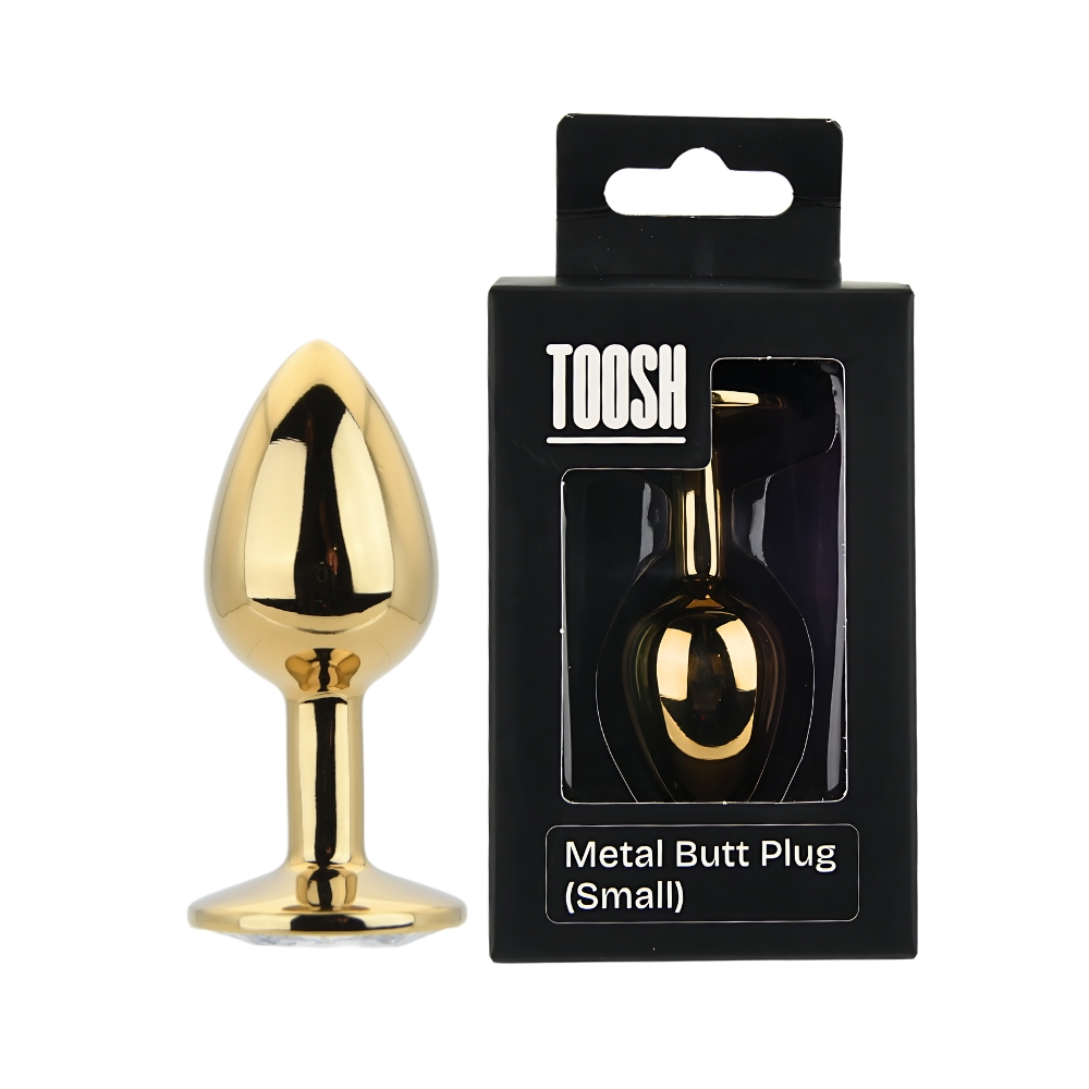 Toosh Gold Metal Butt Plug Small Clear Stone, Small gold metal butt plug with tapered tip and clear jewelled base