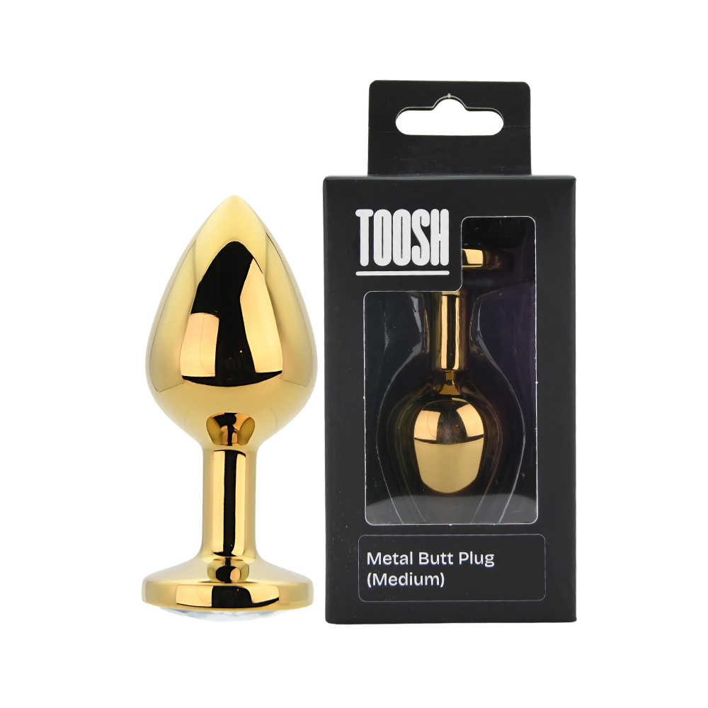 Toosh Gold Metal Butt Plug Medium Clear Stone, Gold-toned metal butt plug with tapered tip and a clear faceted jewel base