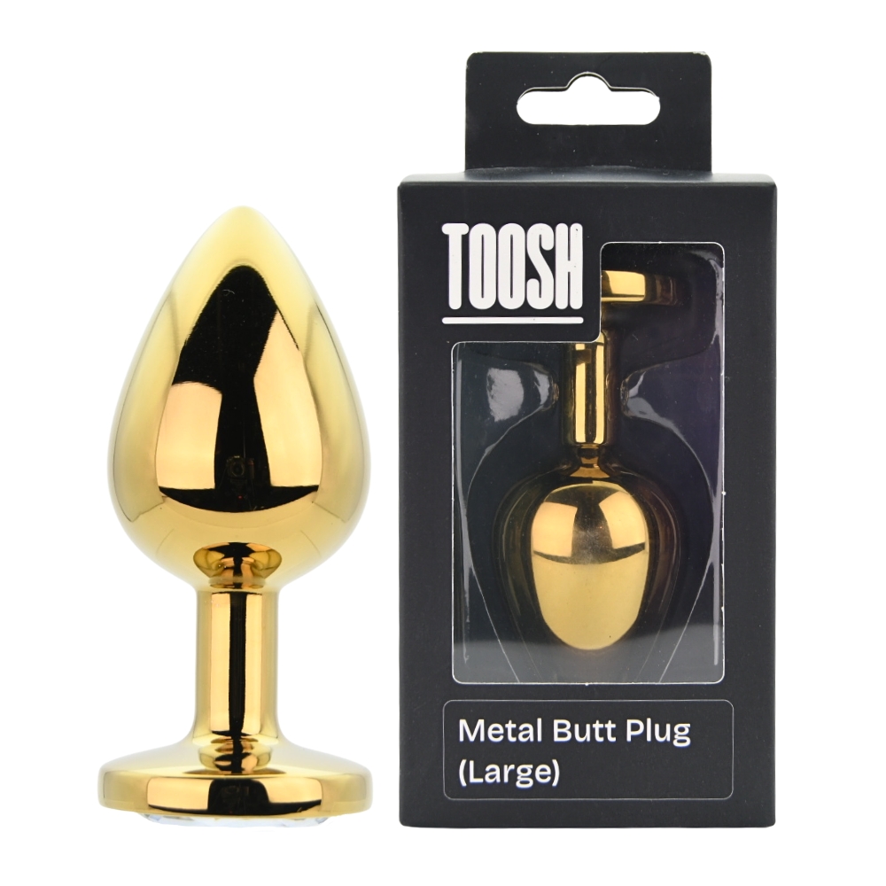 Toosh Gold Metal Butt Plug Large Clear Stone, Gold-effect metal butt plug with tapered body and round clear jewelled base
