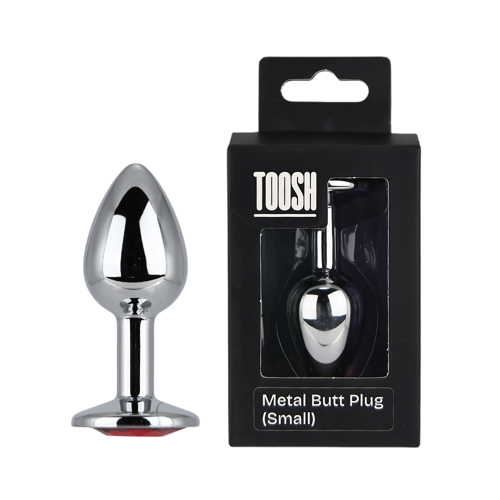 Toosh Silver Metal Butt Plug Small Red Stone, Small polished silver metal butt plug with tapered tip and red jewelled base