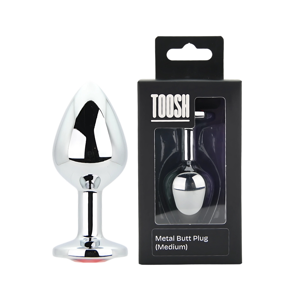 Toosh Silver Metal Butt Plug Medium Red Stone, Silver metal butt plug with tapered tip and flared base set with a red gem