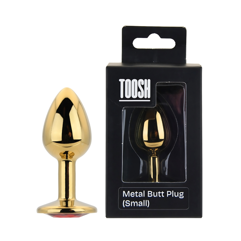 Toosh Gold Metal Butt Plug Small Red Stone, Small gold metal butt plug with tapered tip and flared base set with a red stone