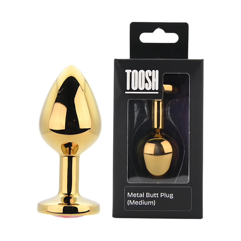 Toosh Gold Metal Butt Plug Medium Red Stone, Gold metal butt plug with tapered tip and flared base set with a red jewel