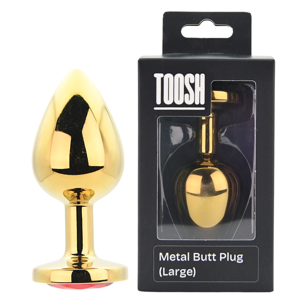 Toosh Gold Metal Butt Plug Large Red Stone, Gold metal butt plug with tapered tip, flared base and set red jewel