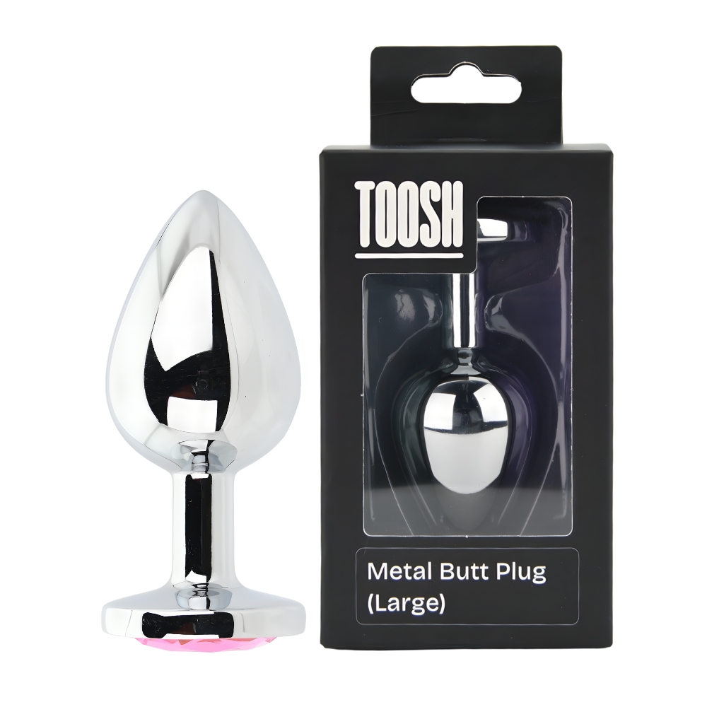 Toosh Silver Metal Butt Plug Large Pink Stone, Polished silver metal butt plug with tapered tip and round pink jewelled base