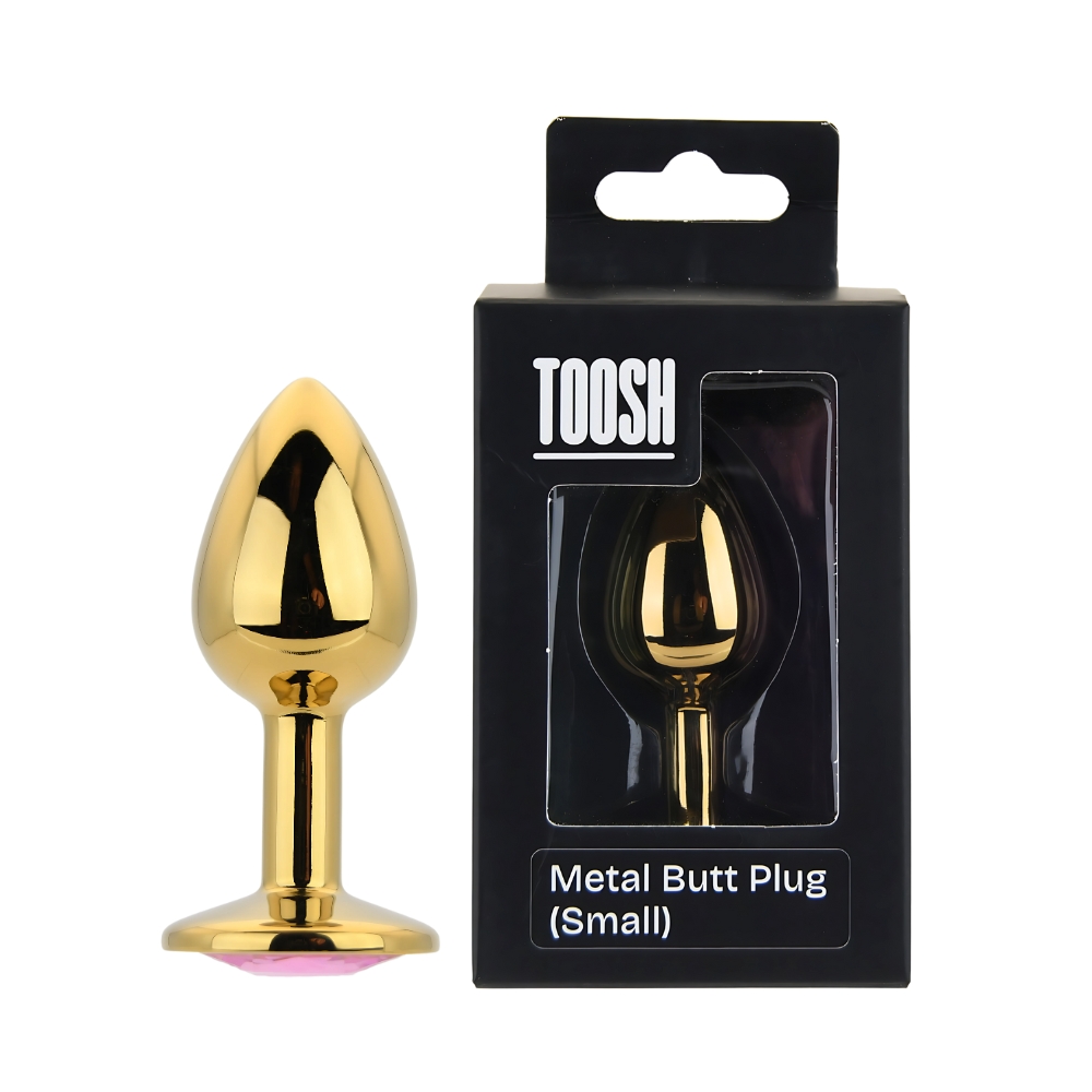 Toosh Gold Metal Butt Plug Small Pink Stone, Small gold metal butt plug with tapered tip and pink jewelled base