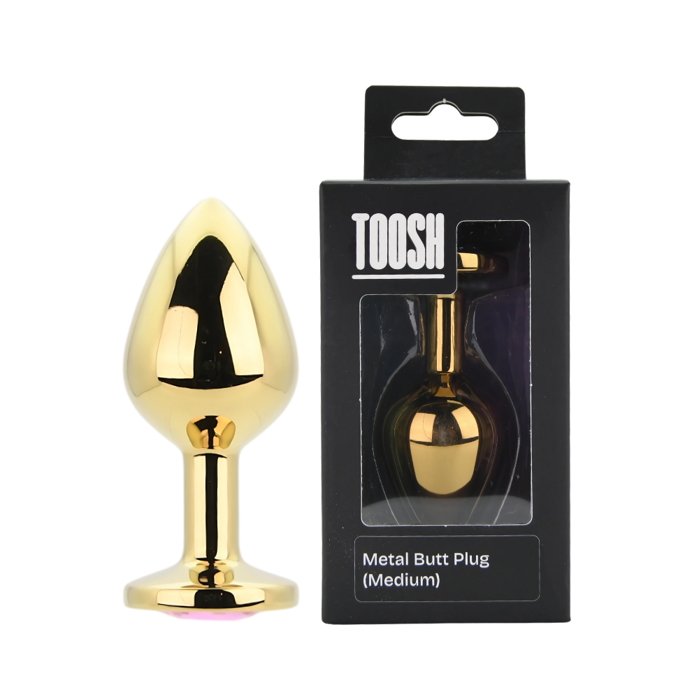Toosh Gold Metal Butt Plug Medium Pink Stone, Gold metal butt plug with tapered tip, flared base set with a pink jewel