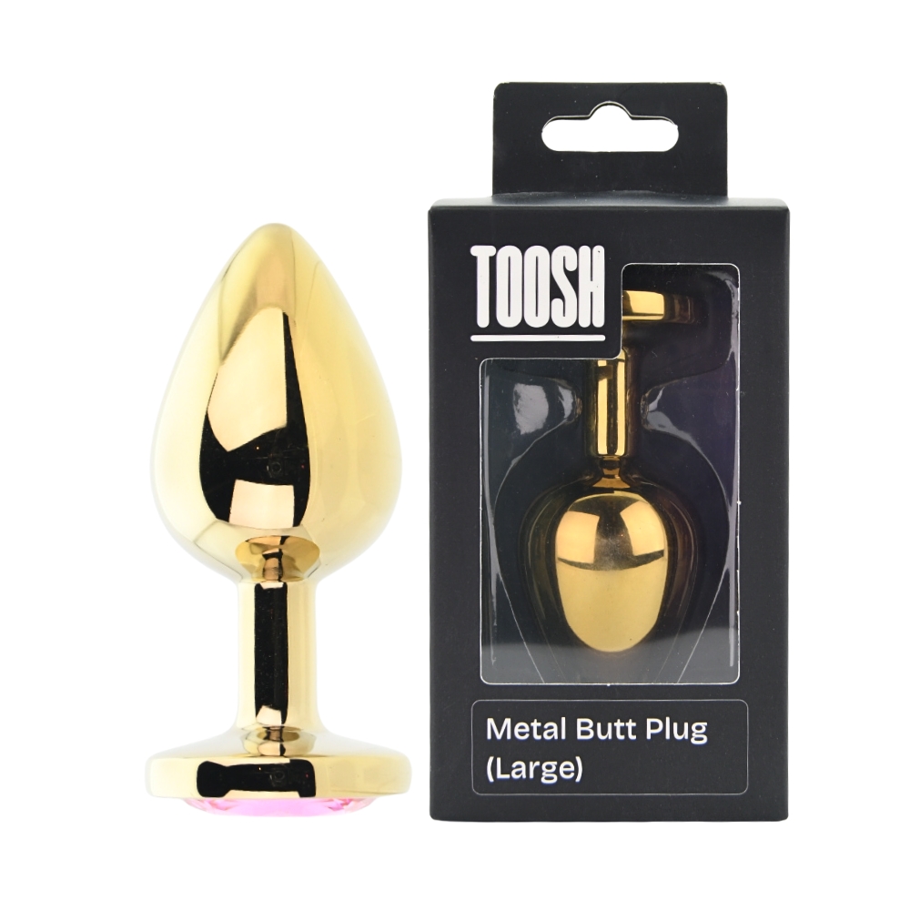 Toosh Gold Metal Butt Plug Large Pink Stone, Gold-toned metal butt plug with tapered body and a pink jewelled flared base