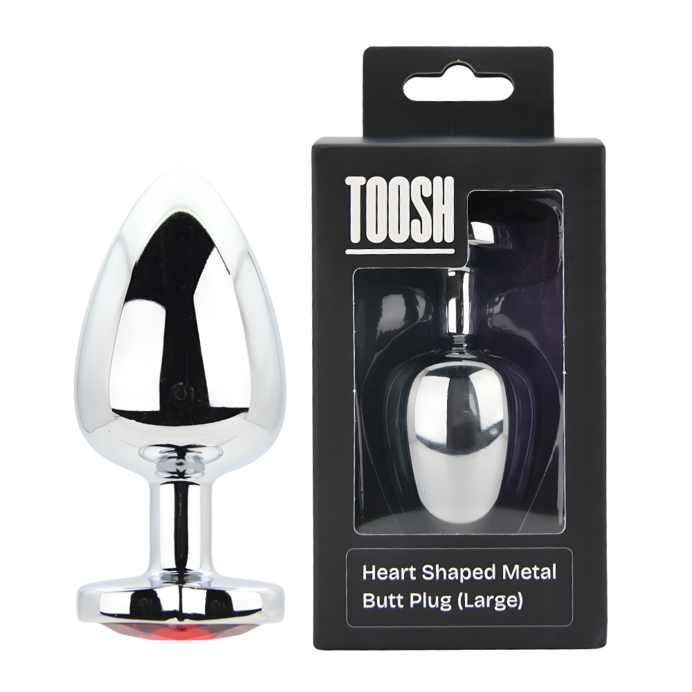 Toosh Heart Shaped Silver Butt Plug with Red Stone Large, Silver metal butt plug with tapered tip and heart-shaped base set…