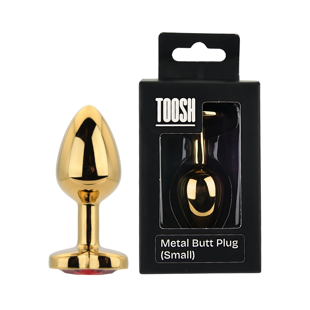 Toosh Heart Shaped Gold Butt Plug with Red Stone Small, Small gold metal butt plug with a heart-shaped base set with a red j…