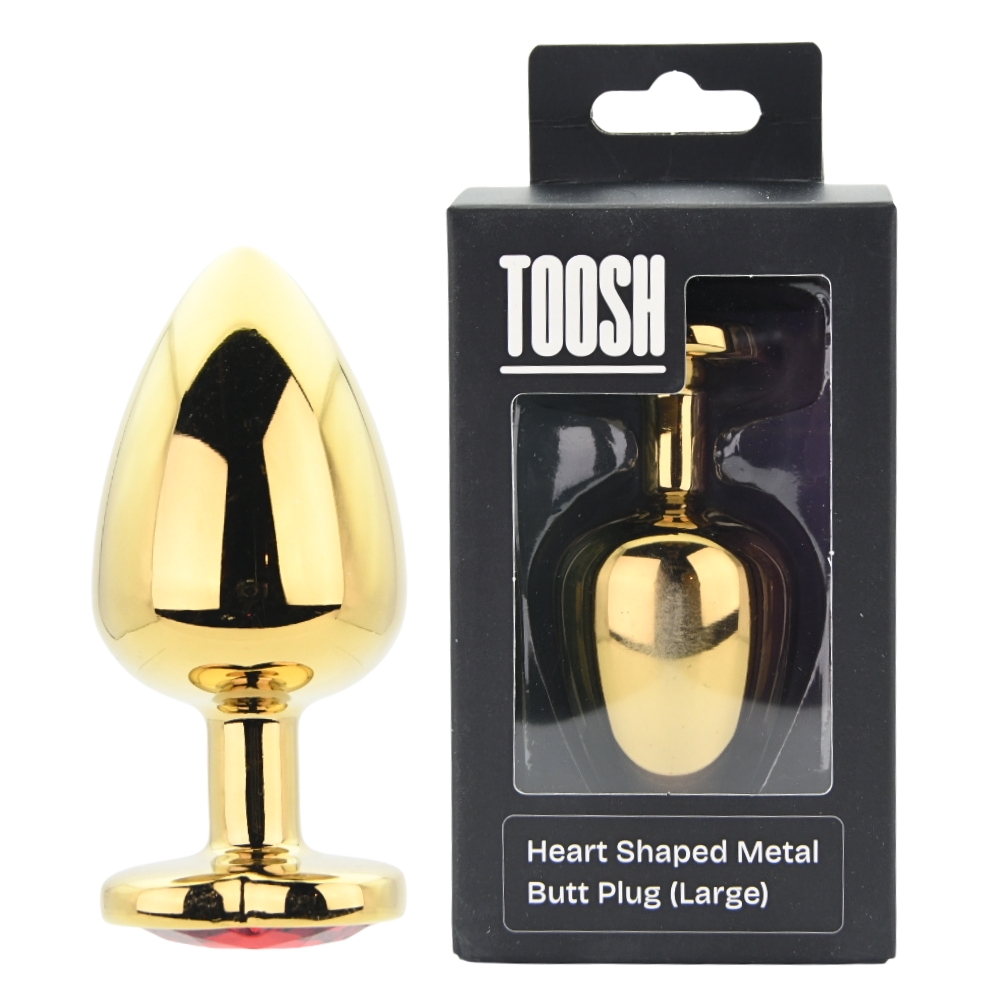 Toosh Heart Shaped Gold Butt Plug with Red Stone Large, Gold metal butt plug with tapered body and heart-shaped base set wit…