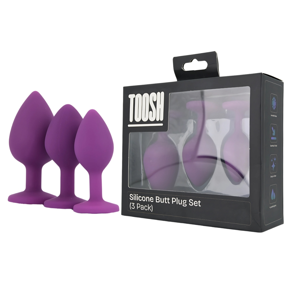 Toosh Silicone Butt Plug Set of 3, Set of three graduated purple butt plugs, each with a clear jewelled stone base