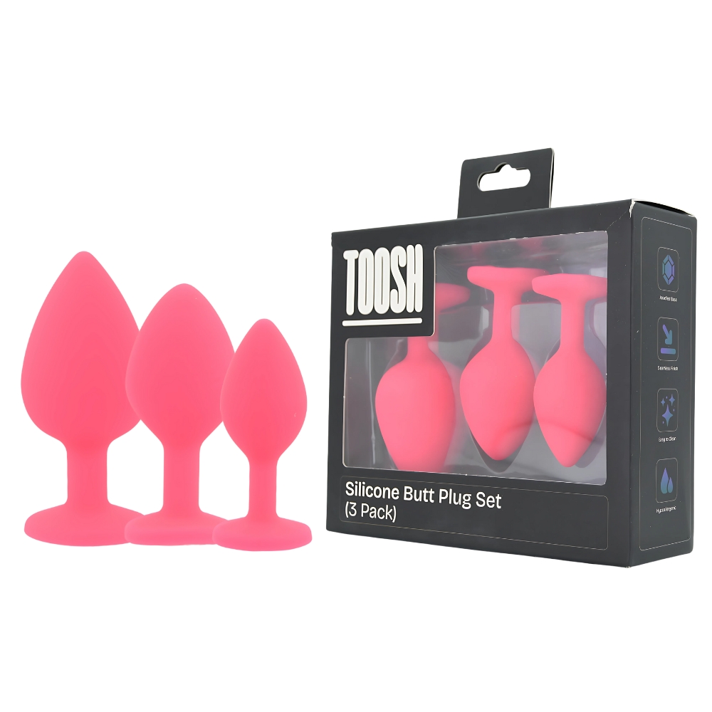 Toosh Silicone Butt Plug Set of 3, Set of three graduated butt plugs with clear jewelled stone bases and pointed tips