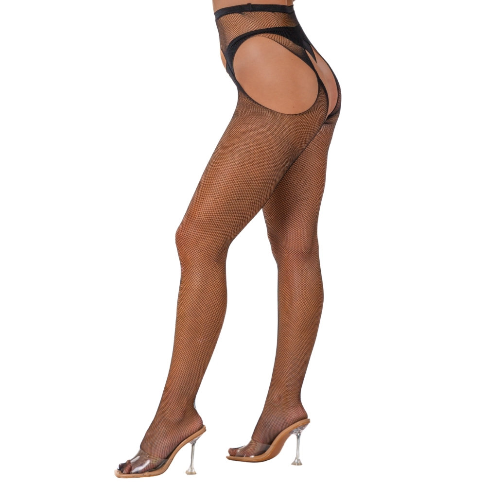 Lace by LJ Fishnet Crotchless Pantyhose Black, shown from the back