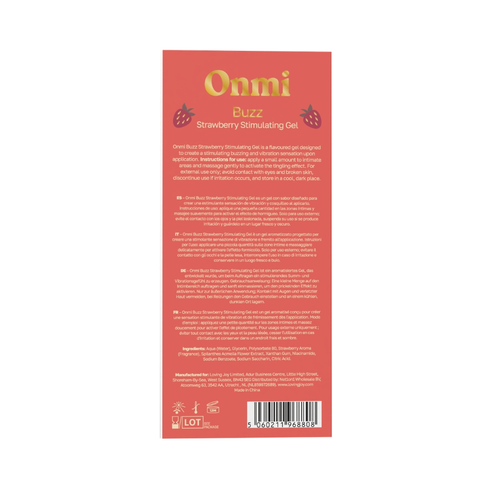 Onmi Buzz Strawberry Liquid Vibrator, shown from the side