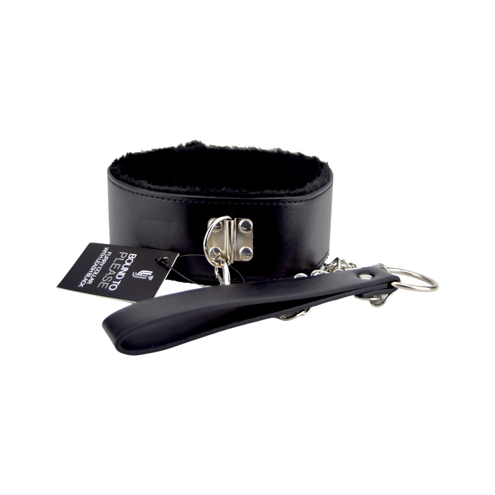 Bound to Please Furry Collar with Leash Black, Black furry-lined collar with a matching detachable leash and metal fittings