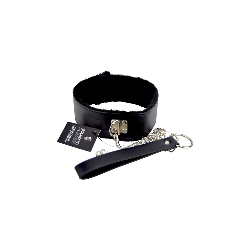 Bound to Please Furry Collar with Leash Black, Black furry-lined collar with a matching detachable leash and metal fittings