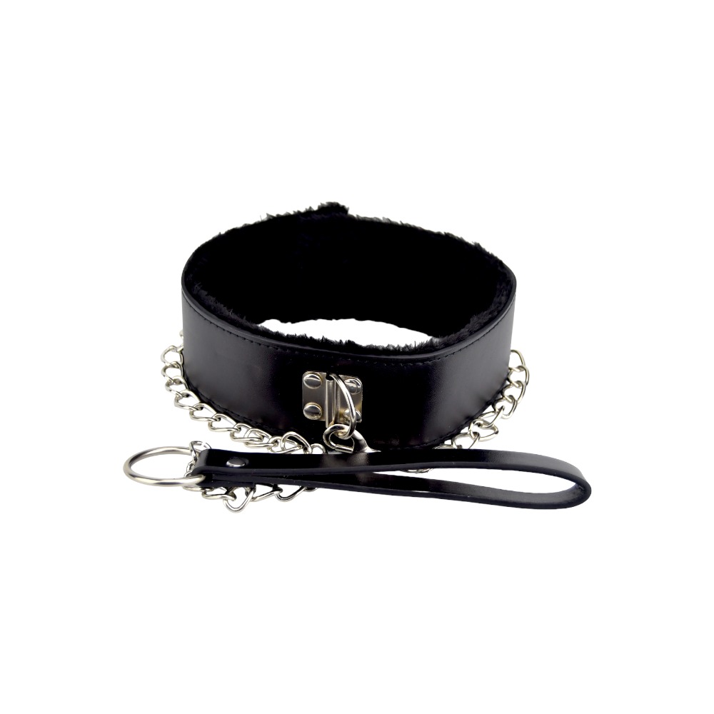 Bound to Please Furry Collar with Leash Black, Black furry-lined collar with a matching detachable leash and metal fittings