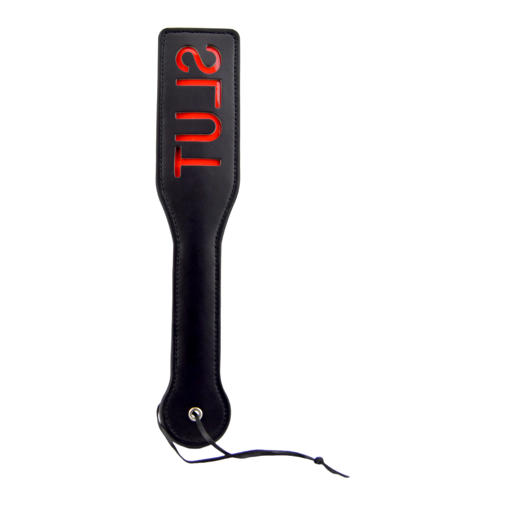 Bound to Please SLUT Spanking Paddle Black, Black spanking paddle with the word SLUT cut into the striking surface and a lon…