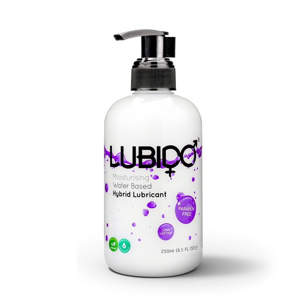 Lubido Hybrid Moisturising Lubricant 250ml, in water based lubricant with silicone, shown from the side