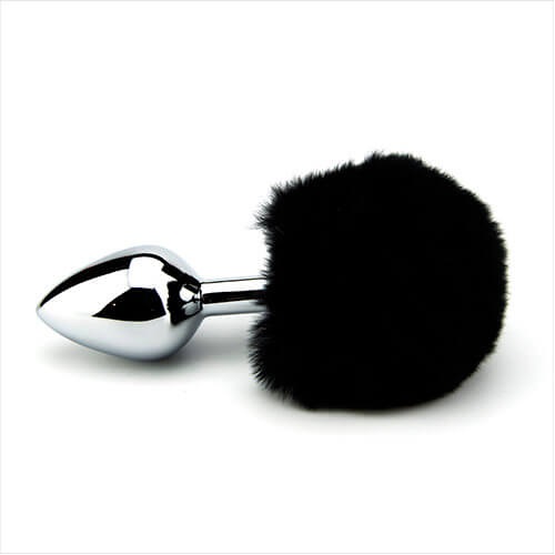 Furry Fantasy Black Bunny Tail Butt Plug, in faux fur and aluminium alloy