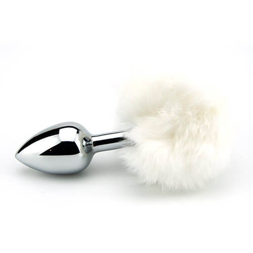Furry Fantasy White Bunny Tail Butt Plug, in faux fur and aluminium alloy
