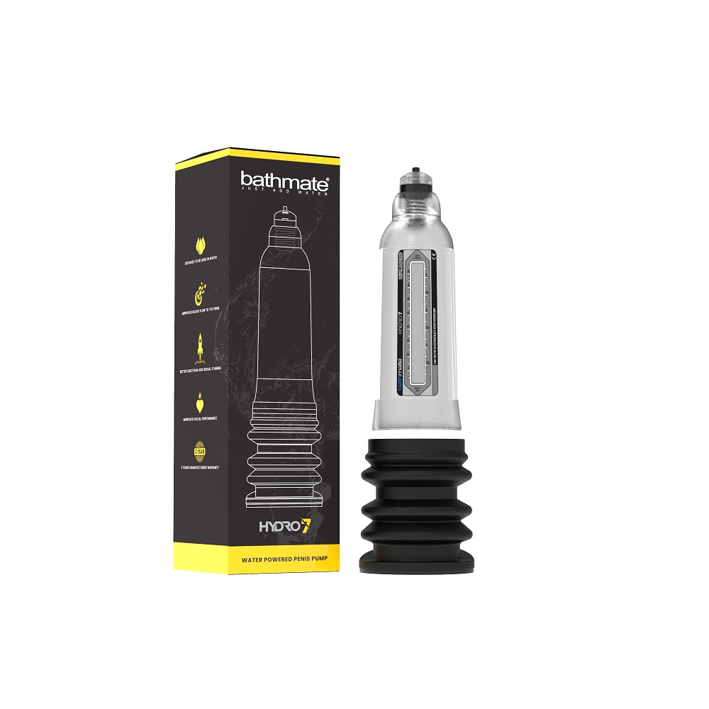 Bathmate Hydro 7 Penis Pump Clear, in plastic, shown from the back