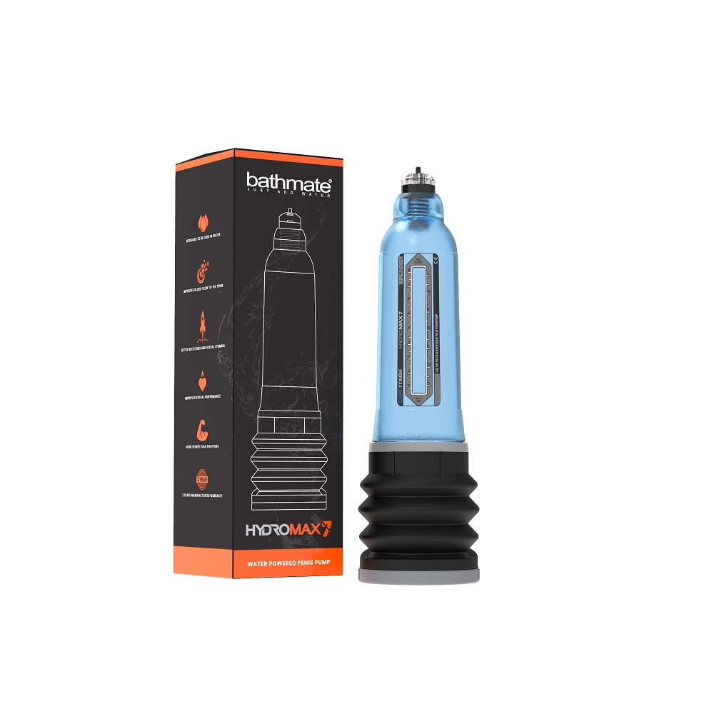 Bathmate Hydromax 7 Penis Pump Blue, in plastic, shown from the back