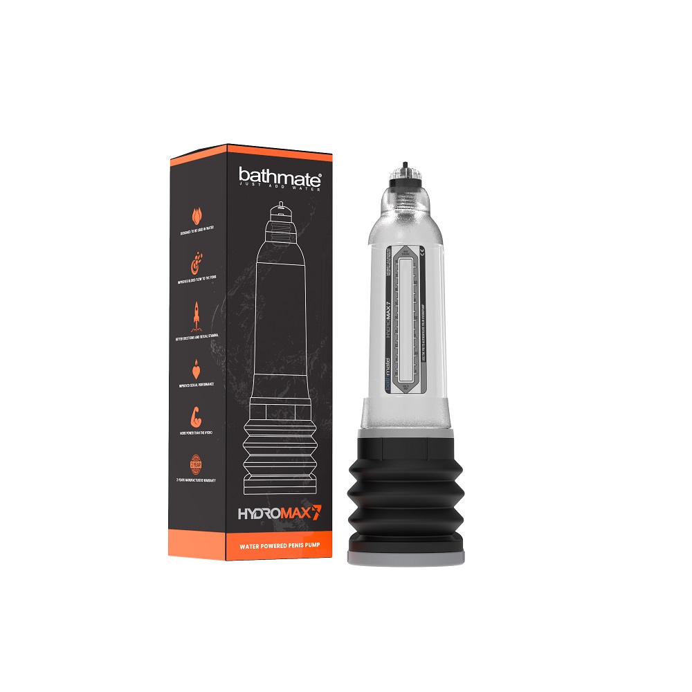 Bathmate Hydromax 7 Penis Pump Clear, in plastic, shown from the back