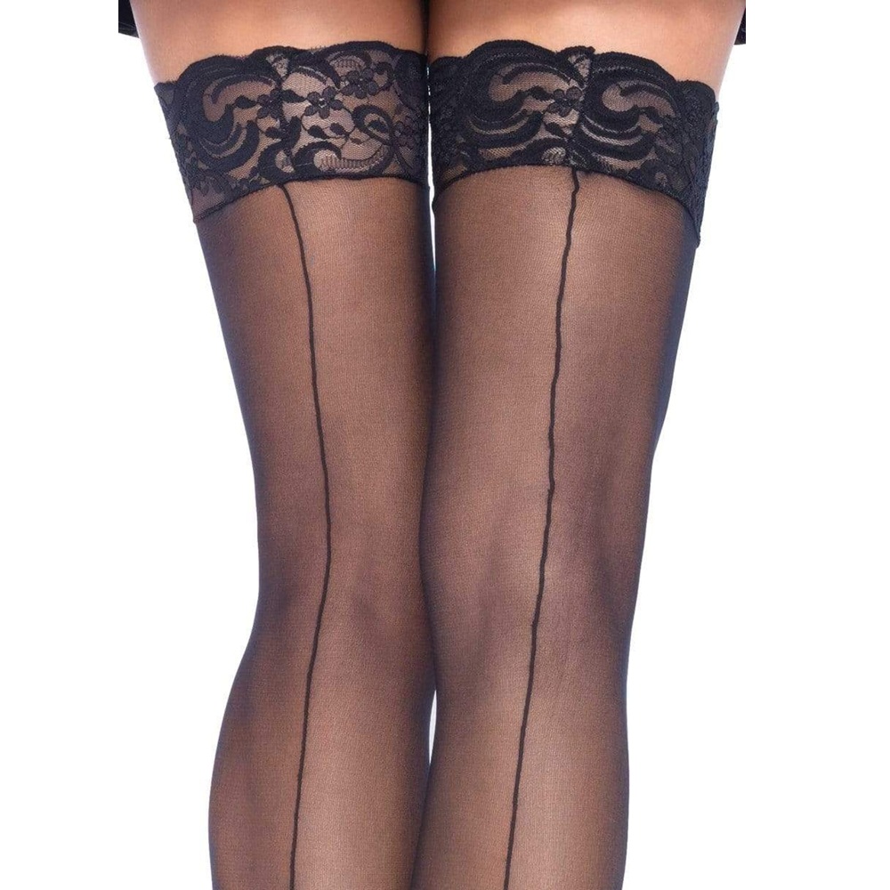 Leg Avenue Sheer Stockings With Backseam - Black, in 100% polyamide, shown from the back