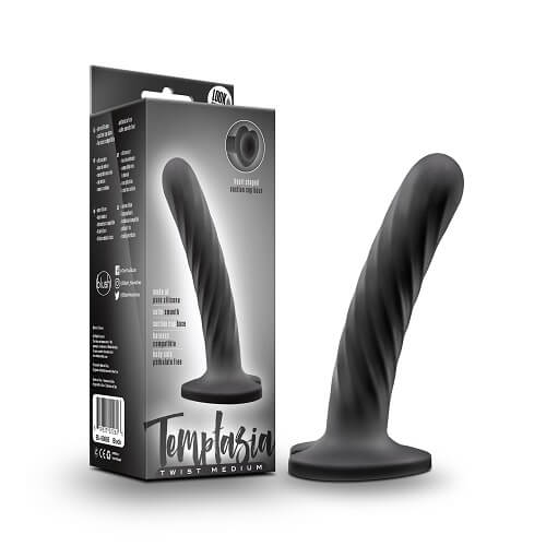 Twist Silicone Dildo with Suction Cup Medium, Twisting spiral silicone dildo with a heart-shaped suction cup base, shown fro…