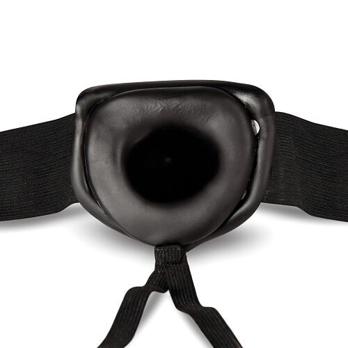 Unisex Hollow Strap-On 6 Inch Black, Black hollow strap-on with a padded base and thick adjustable elastic waist straps