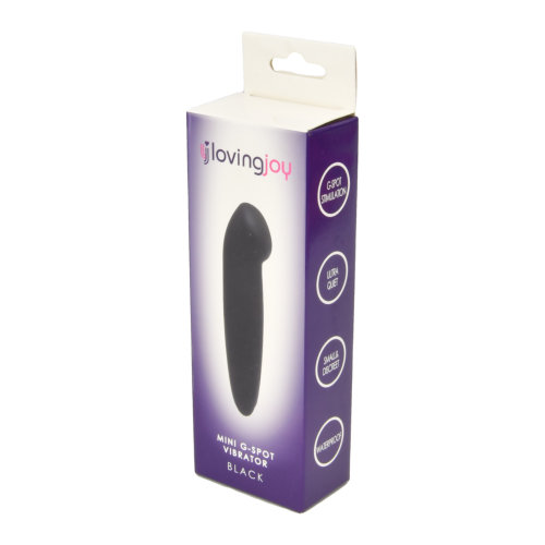 Loving Joy Mini G-Spot Vibrator Black, in pu coated abs, shown in its packaging