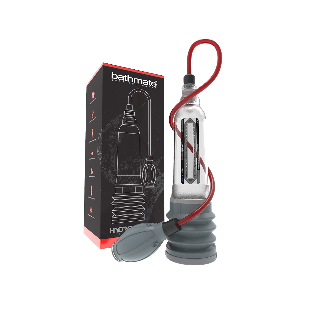 Bathmate Hydroxtreme 7 Penis Pump Clear, in plastic, shown from the back