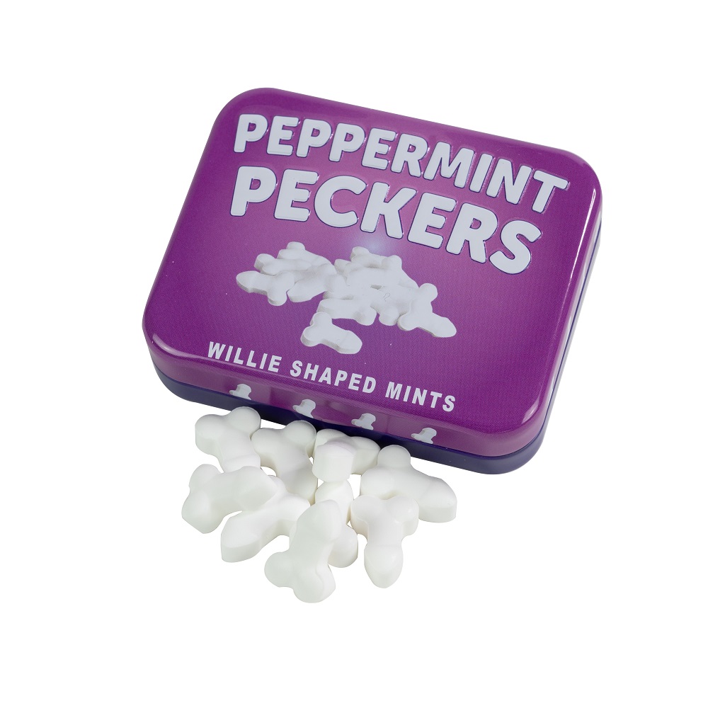 Peppermint Peckers, Small tin of novelty peppermint sweets shaped like little peckers