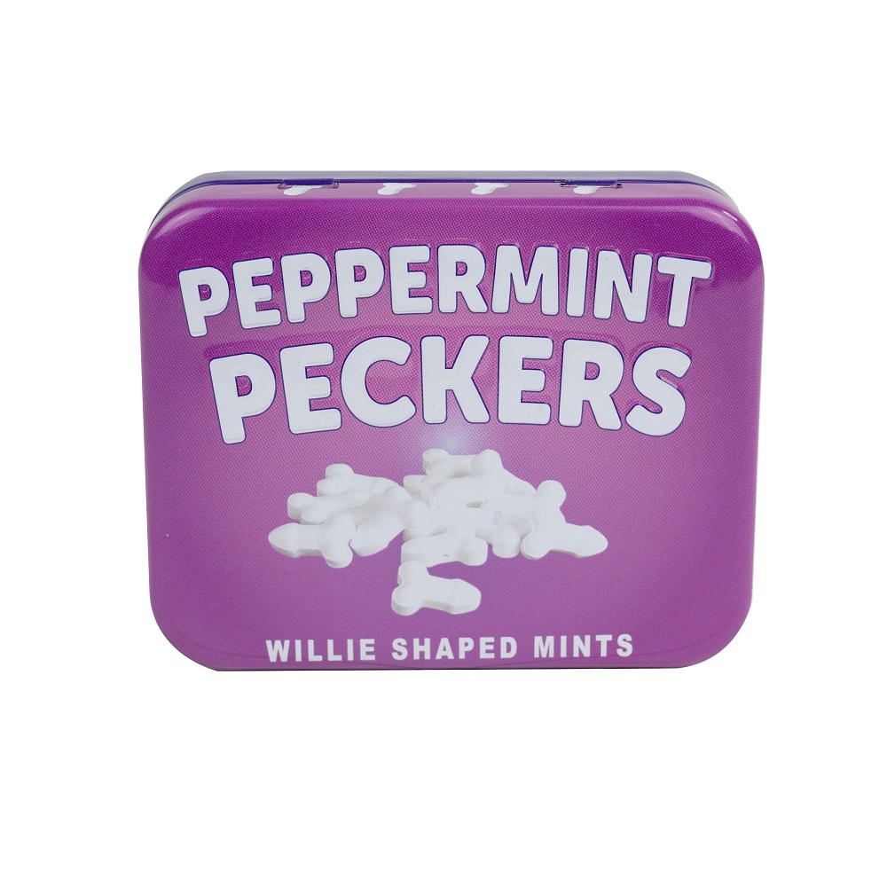 Peppermint Peckers, Small tin of novelty peppermint sweets shaped like little peckers, shown from the back