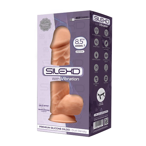 SilexD 8.5 inch Realistic Vibrating Silicone Dual Density Girthy Dildo with Suction Cup with Balls, Realistic flesh-toned vi…