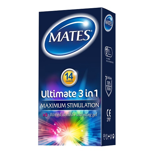 Mates Ultimate 3 in 1 Condoms 14 Pack, in latex rubber