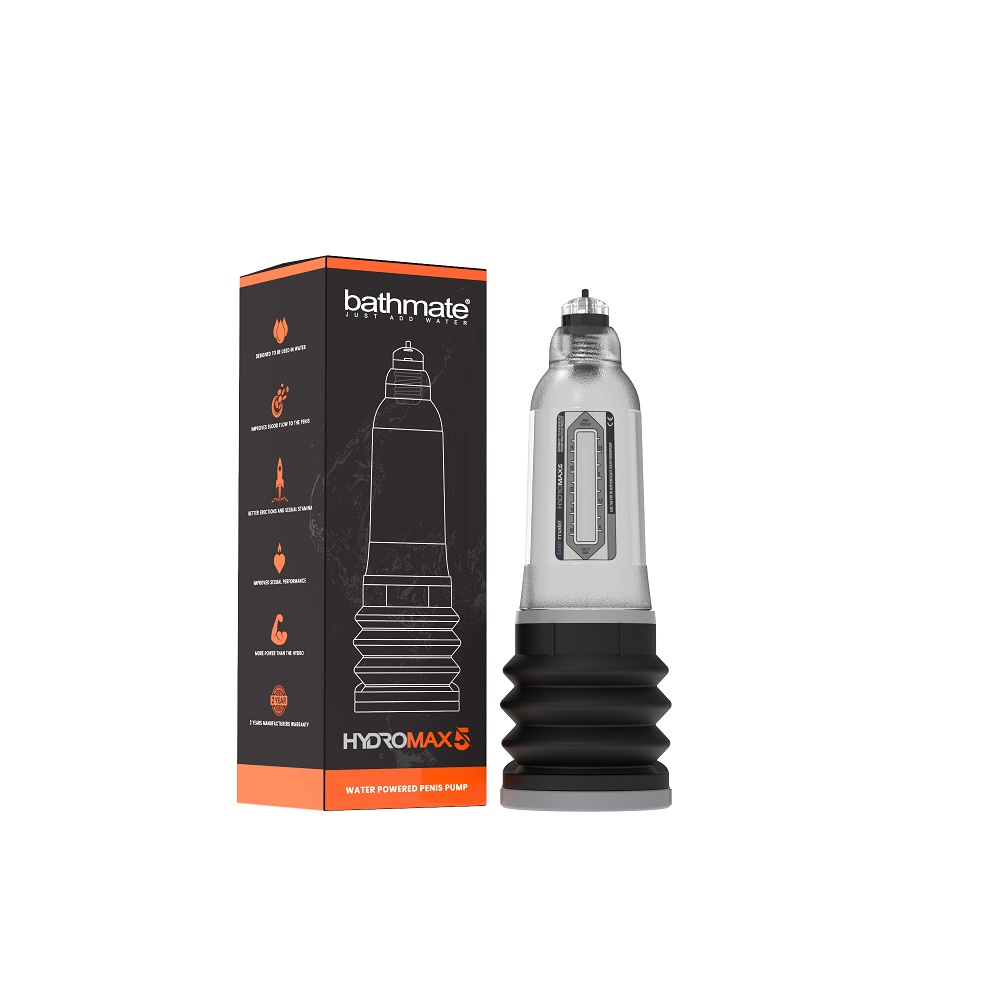 Bathmate Hydromax 5 Penis Pump Clear, in plastic, shown from the back