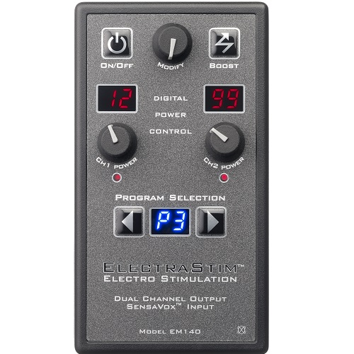 Electrastim SensaVox, Sleek high-end dual-channel electro stimulator unit with twist dial controls and LED displ