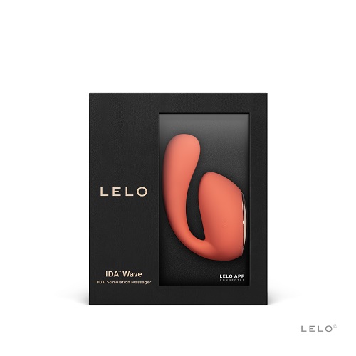 LELO Ida Wave Peach, Peach-coloured dual-action massager with a broad top pad and a curved insertable tail