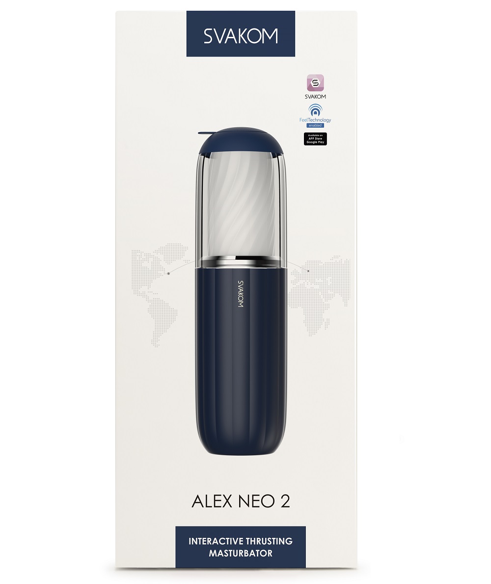 Svakom Alex Neo 2 Interactive App Controlled Thrusting Male Masturbator, shown in its packaging