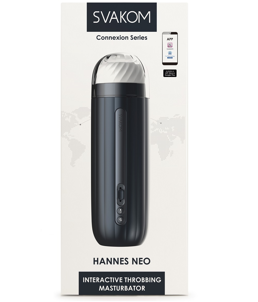 Svakom Hannes Neo Heat Vibrating Male Masturbator, shown in its packaging