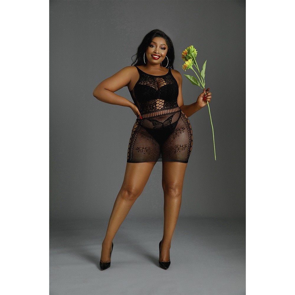 Moonlight Black Cut Out Floral Mini Dress Plus Size, shown from the back