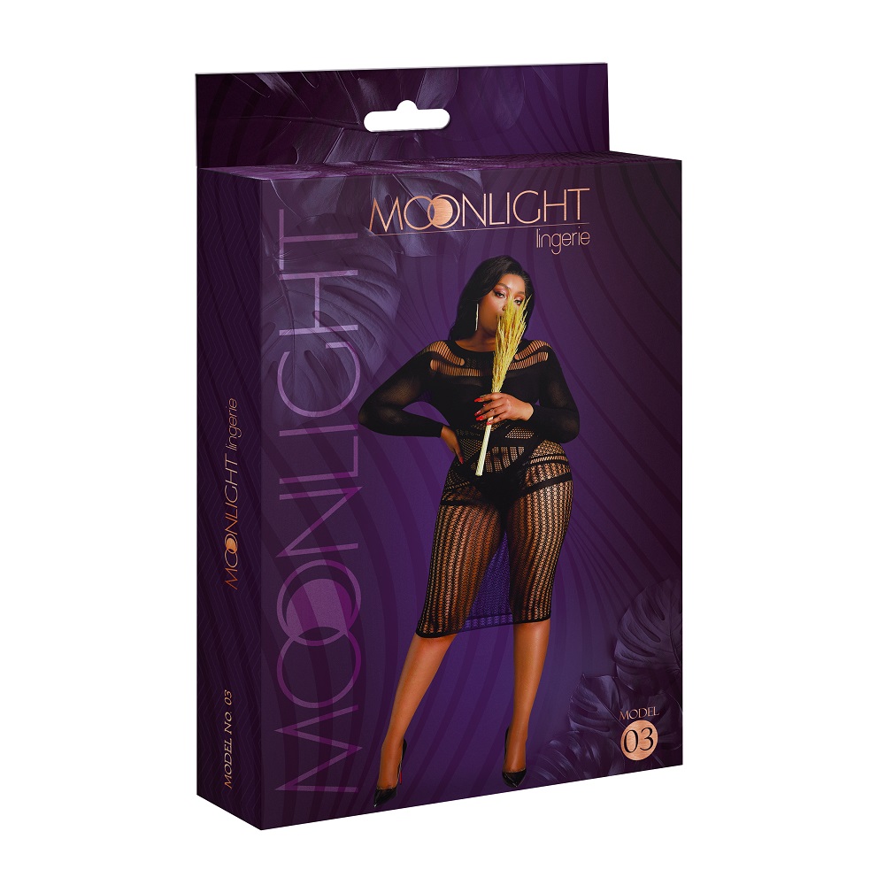 Moonlight Long Sleeve Lace Dress Black Plus Size, shown in its packaging